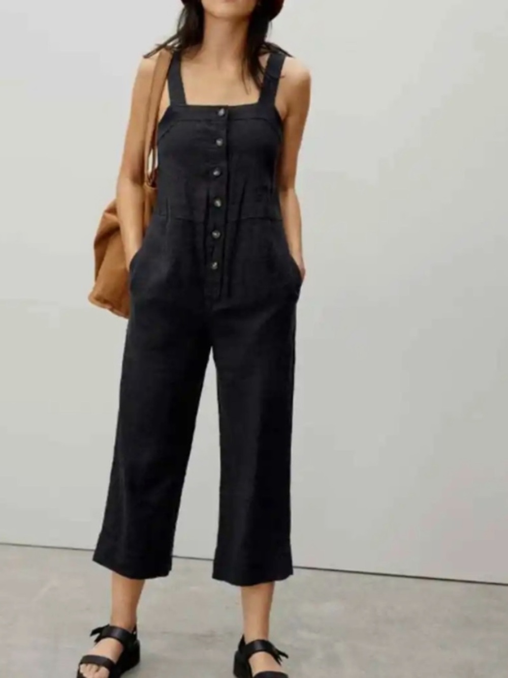 Everlane black 100% linen picnic cropped wide leg jumpsuit size 4